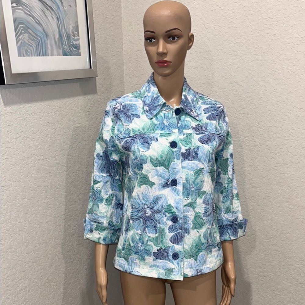 Vintage-Rebecca Malone Blue and White 3/4 Sleeve Notched Collar Jacket